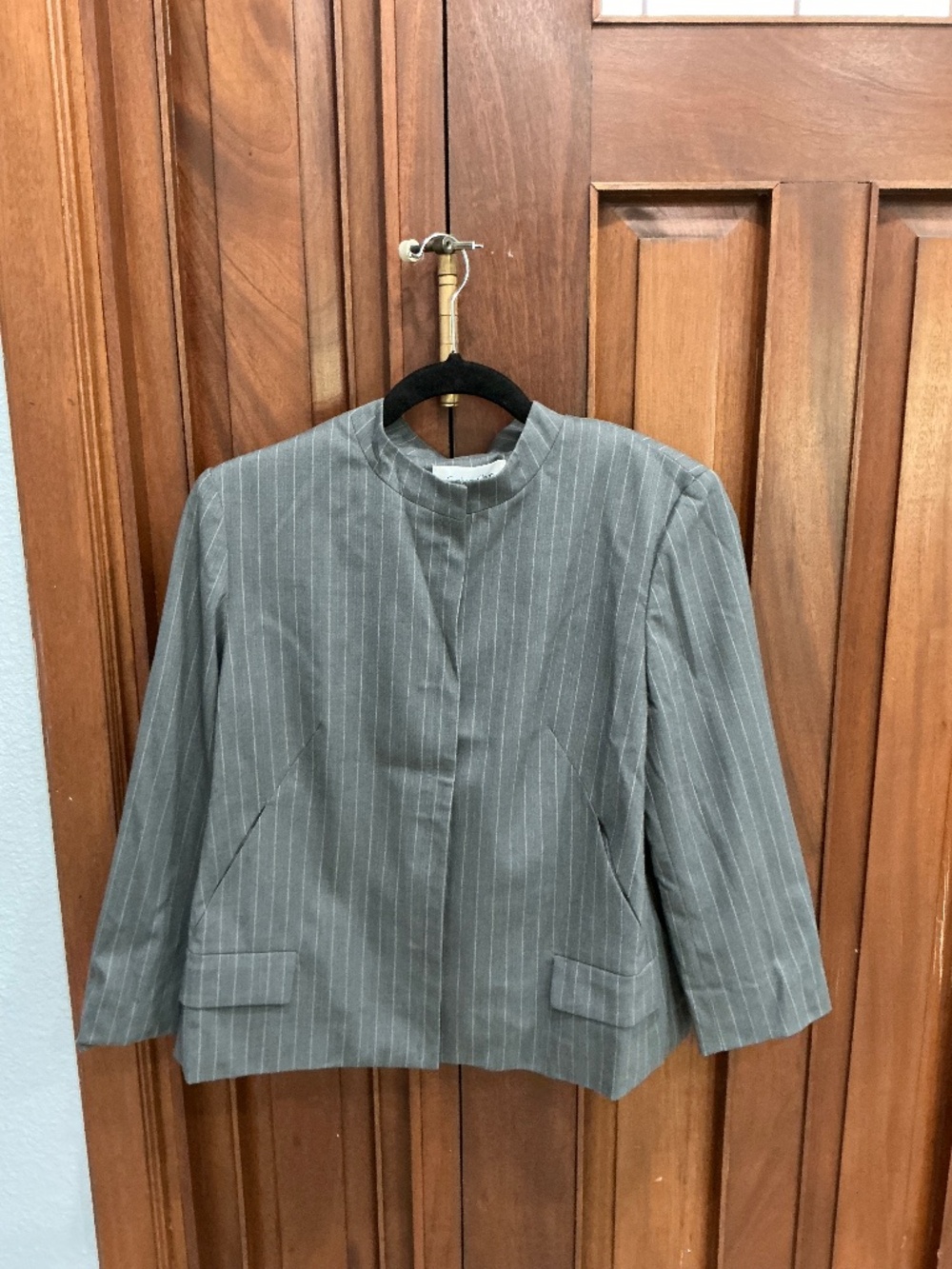 Calvin Klein: Grey Pinstripe Collarless Tailored Blazer Jacket